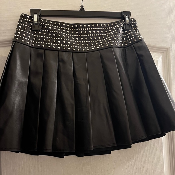 Alice + Olivia Box Pleat Studded Leather Mini Skirt - Picture 2 of 4